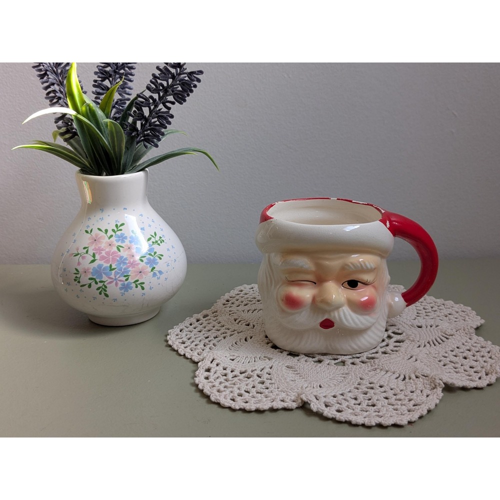 Vintage Winking Santa Mug Japan 1950s Ceramic Christmas Cup Chippy Paint